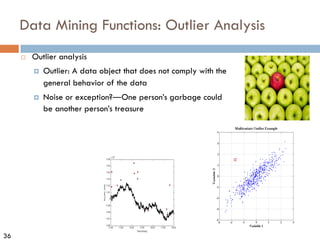 36
Data Mining Functions: Outlier Analysis
¨ Outlier analysis
¤ Outlier: A data object that does not comply with the
general behavior of the data
¤ Noise or exception?―One person’s garbage could
be another person’s treasure
 