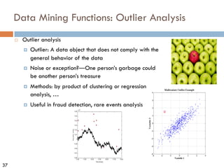 37
Data Mining Functions: Outlier Analysis
¨ Outlier analysis
¤ Outlier: A data object that does not comply with the
general behavior of the data
¤ Noise or exception?―One person’s garbage could
be another person’s treasure
¤ Methods: by product of clustering or regression
analysis, …
¤ Useful in fraud detection, rare events analysis
 