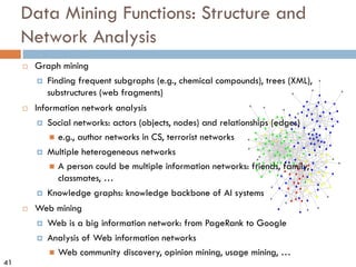 41
Data Mining Functions: Structure and
Network Analysis
¨ Graph mining
¤ Finding frequent subgraphs (e.g., chemical compounds), trees (XML),
substructures (web fragments)
¨ Information network analysis
¤ Social networks: actors (objects, nodes) and relationships (edges)
n e.g., author networks in CS, terrorist networks
¤ Multiple heterogeneous networks
n A person could be multiple information networks: friends, family,
classmates, …
¤ Knowledge graphs: knowledge backbone of AI systems
¨ Web mining
¤ Web is a big information network: from PageRank to Google
¤ Analysis of Web information networks
n Web community discovery, opinion mining, usage mining, …
 