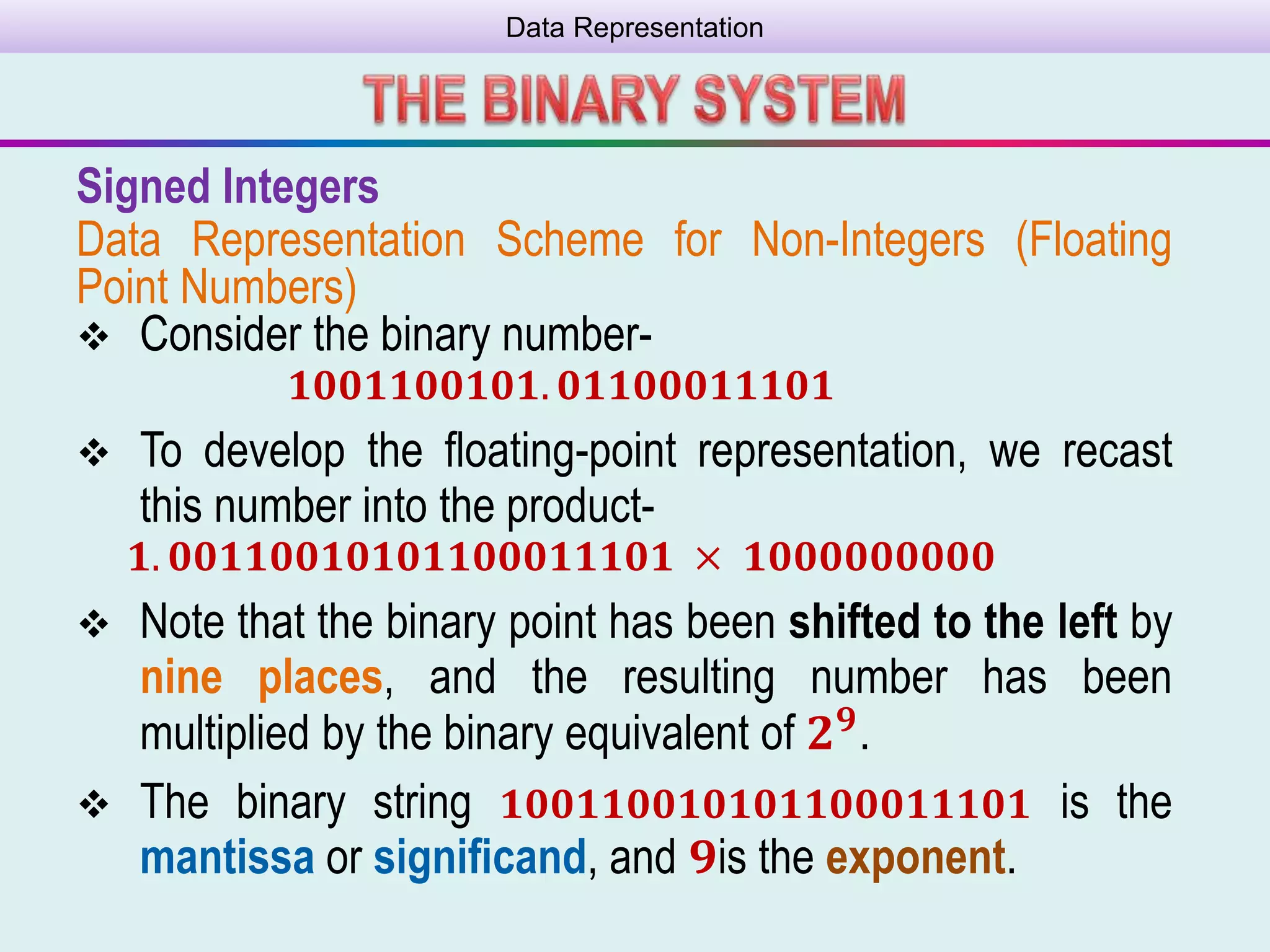 Data Representation
Signed Integers
Data Representation Scheme for Non-Integers (Floating
Point Numbers)
 Consider the binary number-
𝟏𝟎𝟎𝟏𝟏𝟎𝟎𝟏𝟎𝟏. 𝟎𝟏𝟏𝟎𝟎𝟎𝟏𝟏𝟏𝟎𝟏
 To develop the ﬂoating-point representation, we recast
this number into the product-
𝟏. 𝟎𝟎𝟏𝟏𝟎𝟎𝟏𝟎𝟏𝟎𝟏𝟏𝟎𝟎𝟎𝟏𝟏𝟏𝟎𝟏 × 𝟏𝟎𝟎𝟎𝟎𝟎𝟎𝟎𝟎𝟎
 Note that the binary point has been shifted to the left by
nine places, and the resulting number has been
multiplied by the binary equivalent of 𝟐 𝟗
.
 The binary string 𝟏𝟎𝟎𝟏𝟏𝟎𝟎𝟏𝟎𝟏𝟎𝟏𝟏𝟎𝟎𝟎𝟏𝟏𝟏𝟎𝟏 is the
mantissa or signiﬁcand, and 𝟗is the exponent.
 