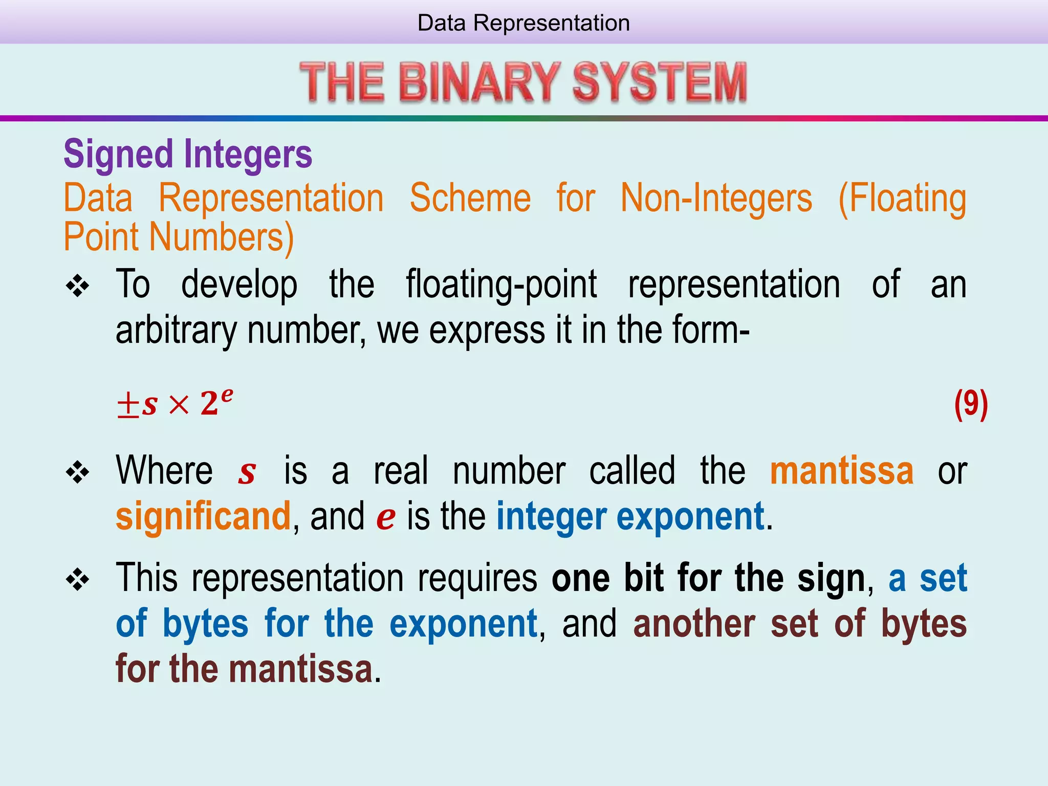 Data Representation
Signed Integers
Data Representation Scheme for Non-Integers (Floating
Point Numbers)
 To develop the ﬂoating-point representation of an
arbitrary number, we express it in the form-
 Where 𝒔 is a real number called the mantissa or
signiﬁcand, and 𝒆 is the integer exponent.
 This representation requires one bit for the sign, a set
of bytes for the exponent, and another set of bytes
for the mantissa.
±𝒔 × 𝟐 𝒆 (9)
 