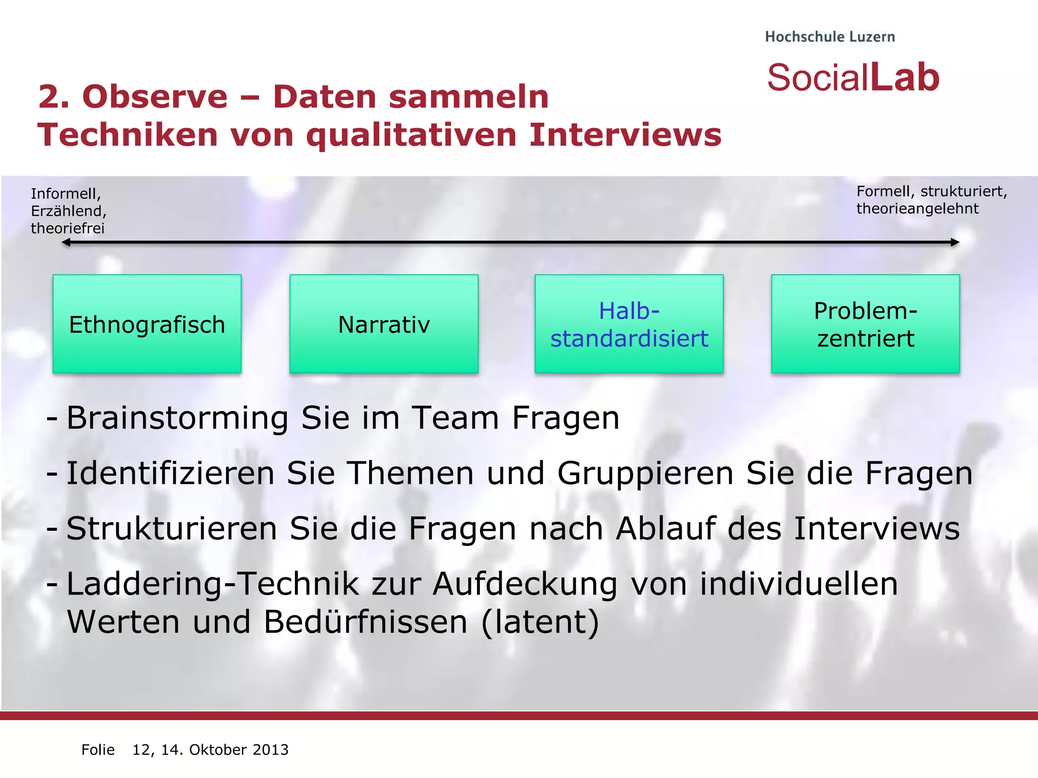 2. Observe – Daten sammeln
Techniken von qualitativen Interviews

SocialLab
Formell, strukturiert,
theorieangelehnt

Informell,
Erzählend,
theoriefrei

Ethnografisch

Narrativ

Halbstandardisiert

Problemzentriert

- Brainstorming Sie im Team Fragen
- Identifizieren Sie Themen und Gruppieren Sie die Fragen
- Strukturieren Sie die Fragen nach Ablauf des Interviews

- Laddering-Technik zur Aufdeckung von individuellen
Werten und Bedürfnissen (latent)

Folie

12, 14. Oktober 2013

 