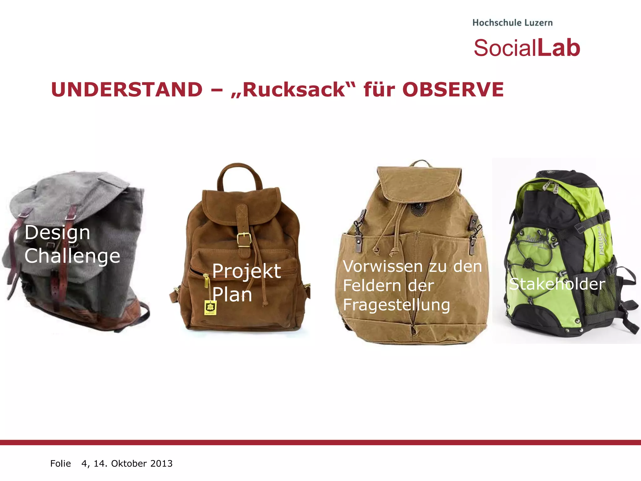SocialLab
UNDERSTAND – „Rucksack“ für OBSERVE

Design
Challenge

Folie

4, 14. Oktober 2013

Projekt
Plan

Vorwissen zu den
Feldern der
Fragestellung

Stakeholder

 
