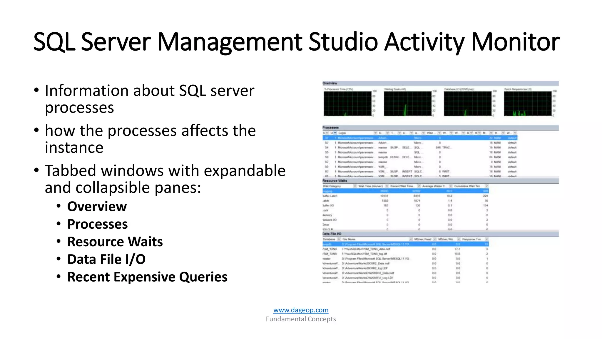 SQL Server Management Studio Activity Monitor
• Information about SQL server
processes
• how the processes affects the
instance
• Tabbed windows with expandable
and collapsible panes:
• Overview
• Processes
• Resource Waits
• Data File I/O
• Recent Expensive Queries
www.dageop.com
Fundamental Concepts
 