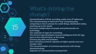 What’s driving the
change?
Standardization of IPv6, providing vastly more IP addresses
The mainstreaming of cloud and “fog” computing (fog
computing is Cisco’s phrase for smart things, distributed widely,
reaching up to the cloud)
Pervasive collaboration of people and professionals via
technology
The explosion of apps for everything
The trend of app developers to push intelligence from the app
layer to the network layer, or the cloud
Growing big data and analytics
Ever-increasing network capacity at higher speeds and ever-
cheaper rates
The consumerization of enriched experiences with things
Nanotechnology
Explosion of communication touchpoints!!!
15
 