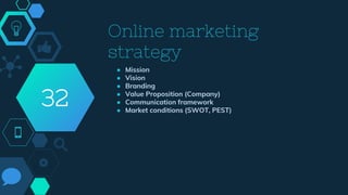 Online marketing
strategy
● Mission
● Vision
● Branding
● Value Proposition (Company)
● Communication framework
● Market conditions (SWOT, PEST)
32
 