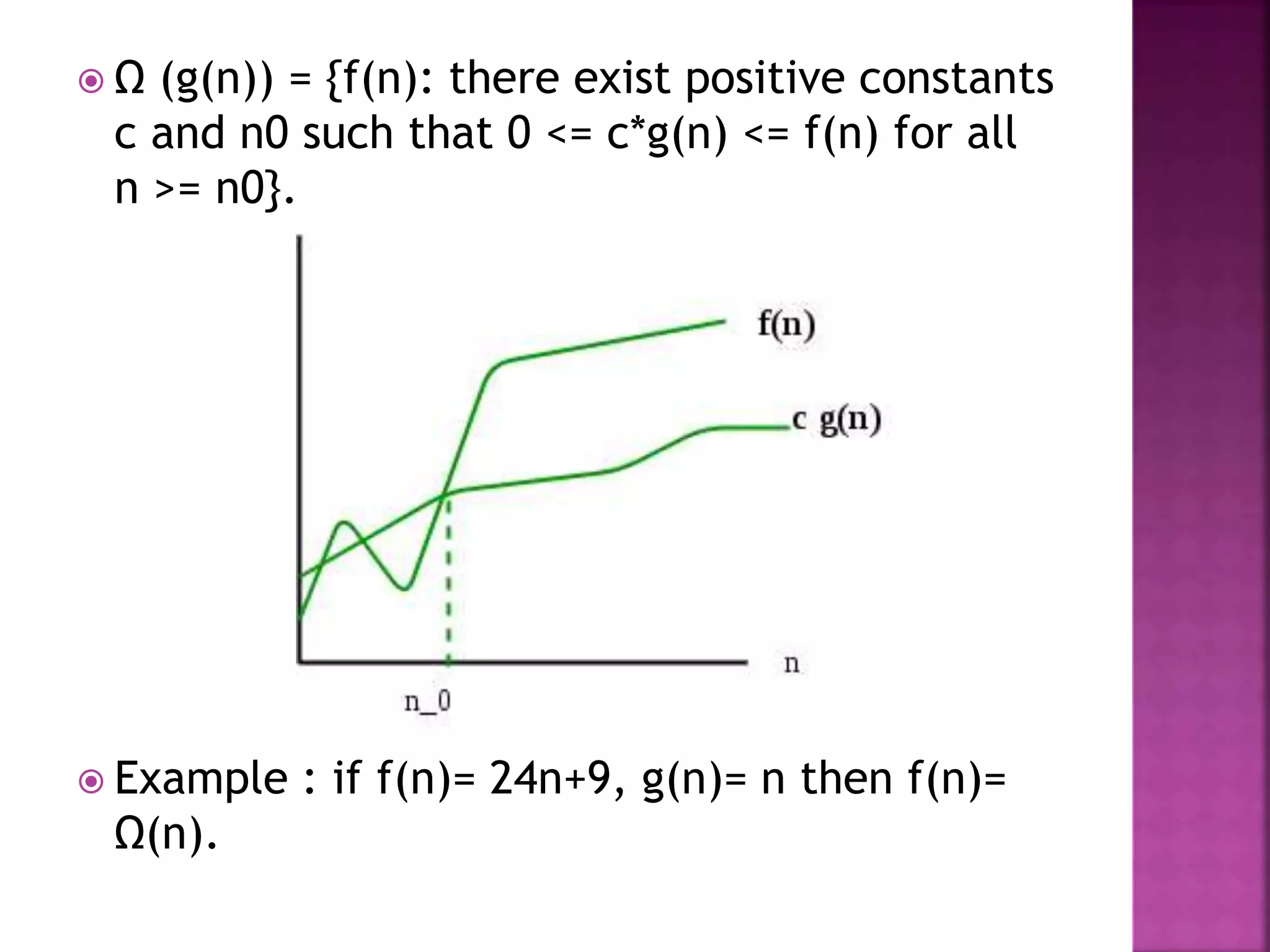  Ω (g(n)) = {f(n): there exist positive constants
c and n0 such that 0 <= c*g(n) <= f(n) for all
n >= n0}.
 Example : if f(n)= 24n+9, g(n)= n then f(n)=
Ω(n).
 
