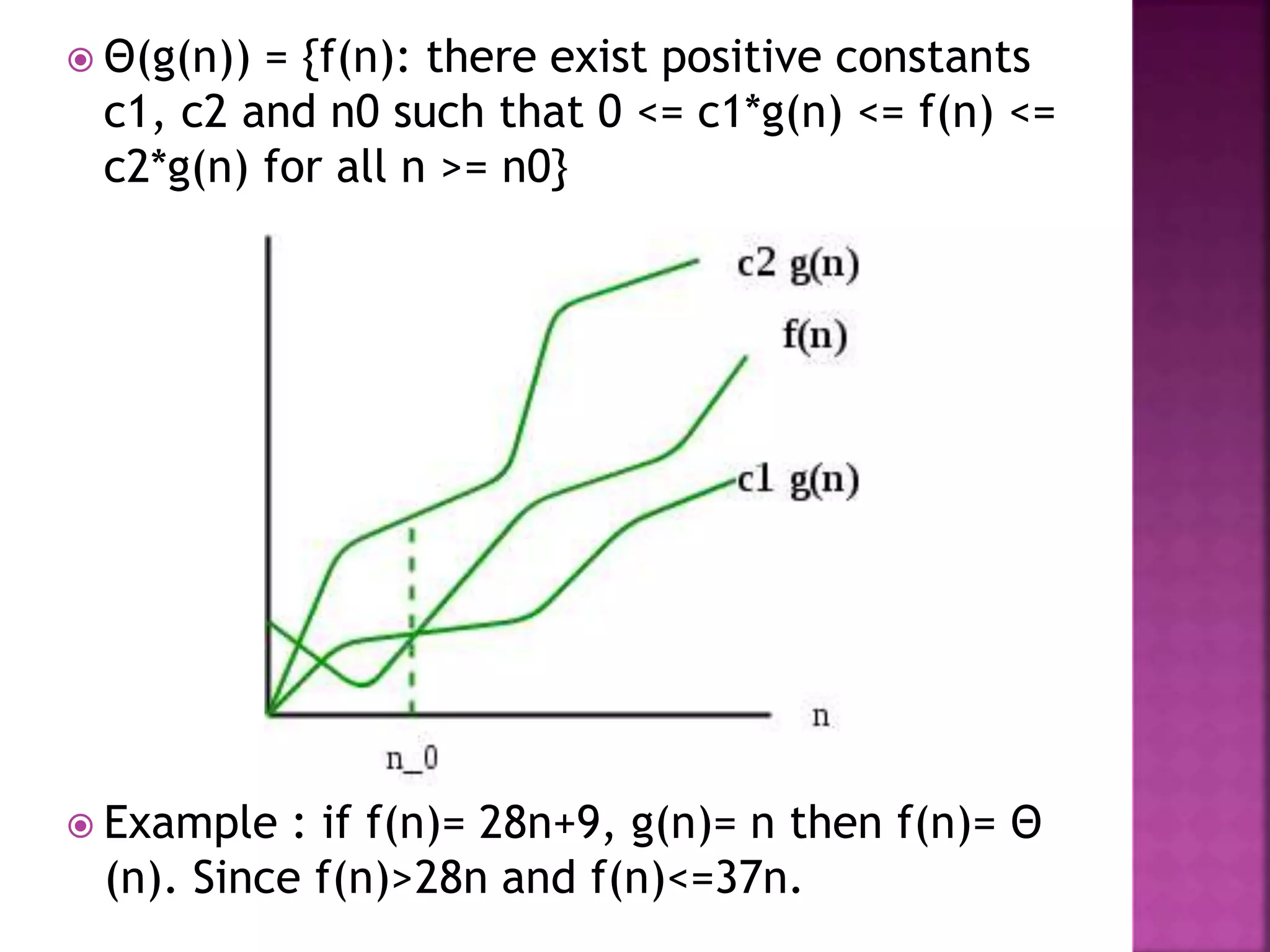  Θ(g(n)) = {f(n): there exist positive constants
c1, c2 and n0 such that 0 <= c1*g(n) <= f(n) <=
c2*g(n) for all n >= n0}
 Example : if f(n)= 28n+9, g(n)= n then f(n)= Θ
(n). Since f(n)>28n and f(n)<=37n.
 