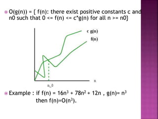  O(g(n)) = { f(n): there exist positive constants c and
n0 such that 0 <= f(n) <= c*g(n) for all n >= n0}
 Example : if f(n) = 16n3 + 78n2 + 12n , g(n)= n3
then f(n)=O(n3).
 