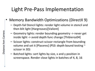 Light Pre-Pass Implementation
• Memory Bandwidth Optimizations (DirectX 9)
– Depth-fail Stencil lights: render light volume in stencil and
then blit light [Hargreaves][Valient]
– Geometry lights: render bounding geometry -> never get
inside light -> avoid depth func change [Thibieroz04]
– Scissor lights: construct scissor rectangle from bounding
volume and set it [Placeres] (PS3: depth bound testing ~
scissor in 3D)
– Batched lights: sort lights by size, x and y position in
screenspace. Render close lights in batches of 4, 8, 16
DistancefromCamera
 