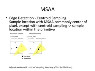 • Edge Detection - Centroid Sampling
Sample location with MSAA commonly center of
pixel, except with centroid sampling -> sample
location within the primitive
Edge detection with centroid sampling (courtesy of Nicolas Thibieroz)
MSAA
 