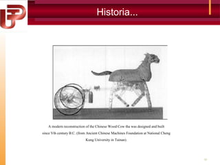Historia...

A modern reconstruction of the Chinese Wood Cow tha was designed and built
since Vth century B.C. (from Ancient Chinese Machines Foundation at National Cheng
Kung University in Tainan).

33

 