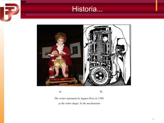 Historia...

a)

b)

The writer automata by Jaquet-Droz in 1760:
a) the robot shape; b) the mechanisms

35

 