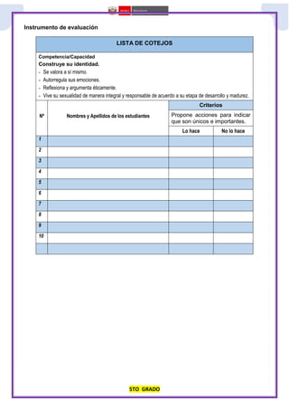 5TO GRADO
Instrumento de evaluación
LISTA DE COTEJOS
Competencia/Capacidad
Construye su identidad.
- Se valora a sí mismo.
- Autorregula sus emociones.
- Reflexiona y argumenta éticamente.
- Vive su sexualidad de manera integral y responsable de acuerdo a su etapa de desarrollo y madurez.
Nº Nombres y Apellidos de los estudiantes
Criterios
Propone acciones para indicar
que son únicos e importantes.
Lo hace No lo hace
1
2
3
4
5
6
7
8
9
10
 