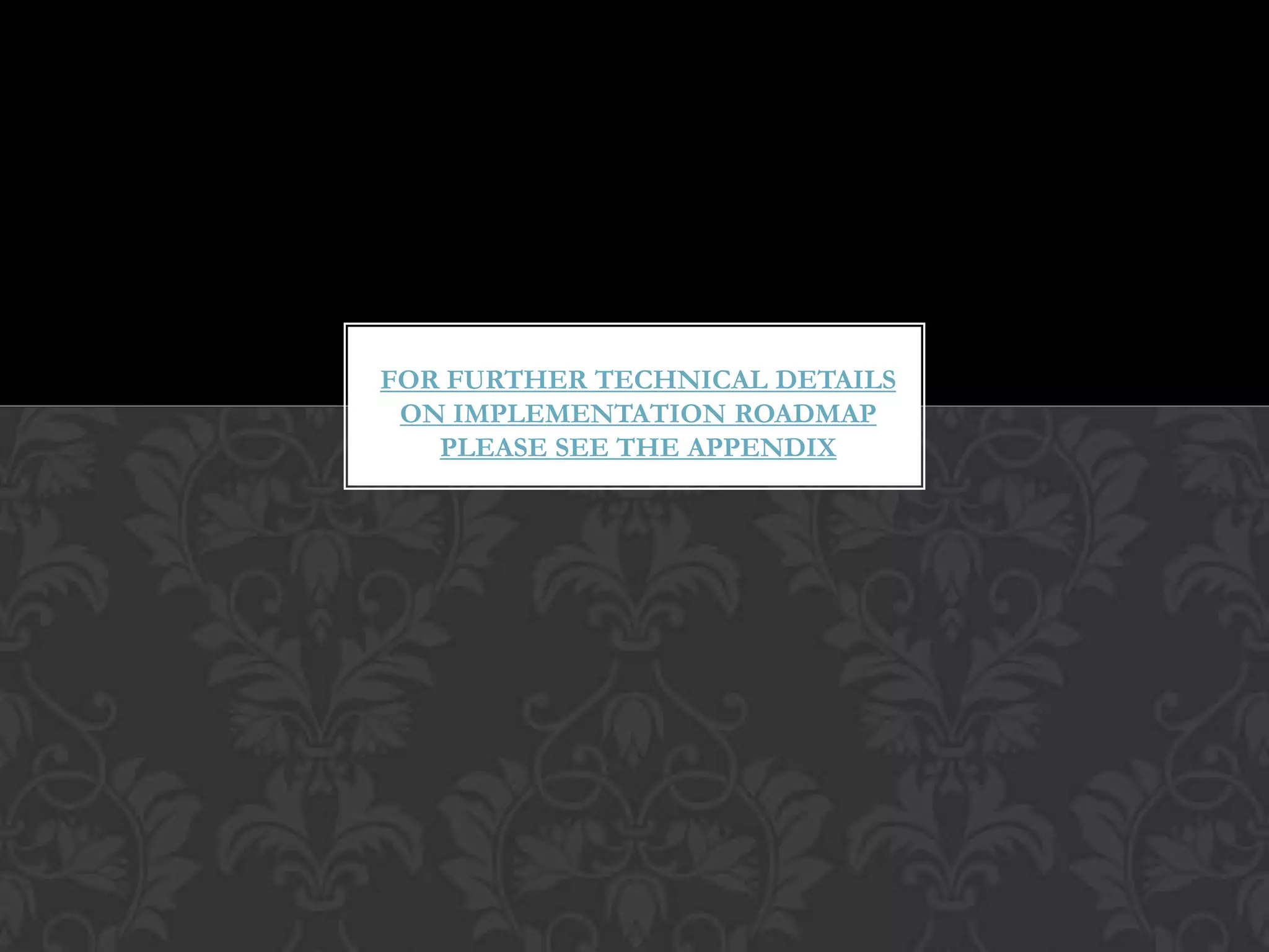 FOR FURTHER TECHNICAL DETAILS
 ON IMPLEMENTATION ROADMAP
   PLEASE SEE THE APPENDIX
 