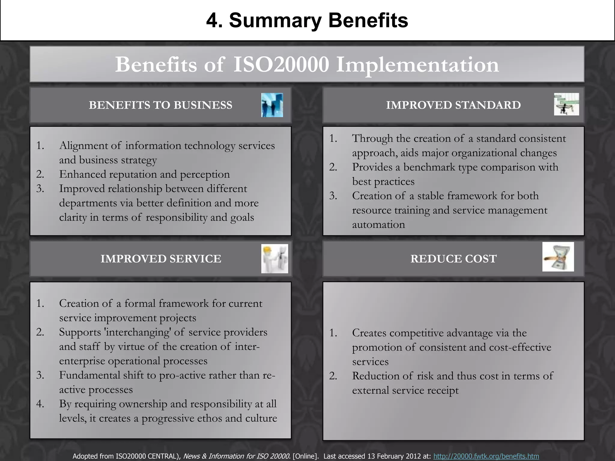 4. Summary Benefits                                                                                        A


                    Benefits of ISO20000 Implementation
            BENEFITS TO BUSINESS                                                                         IMPROVED STANDARD

                                                                                       1.     Through the creation of a standard consistent
1.   Alignment of information technology services
                                                                                              approach, aids major organizational changes
     and business strategy
                                                                                       2.     Provides a benchmark type comparison with
2.   Enhanced reputation and perception
                                                                                              best practices
3.   Improved relationship between different
                                                                                       3.     Creation of a stable framework for both
     departments via better definition and more
                                                                                              resource training and service management
     clarity in terms of responsibility and goals
                                                                                              automation

                IMPROVED SERVICE                                                                                REDUCE COST


1.   Creation of a formal framework for current
     service improvement projects
2.   Supports 'interchanging' of service providers                                     1.     Creates competitive advantage via the
     and staff by virtue of the creation of inter-                                            promotion of consistent and cost-effective
     enterprise operational processes                                                         services
3.   Fundamental shift to pro-active rather than re-                                   2.     Reduction of risk and thus cost in terms of
     active processes                                                                         external service receipt
4.   By requiring ownership and responsibility at all
     levels, it creates a progressive ethos and culture


        Adopted from ISO20000 CENTRAL), News & Information for ISO 20000. [Online]. Last accessed 13 February 2012 at: http://20000.fwtk.org/benefits.htm
 