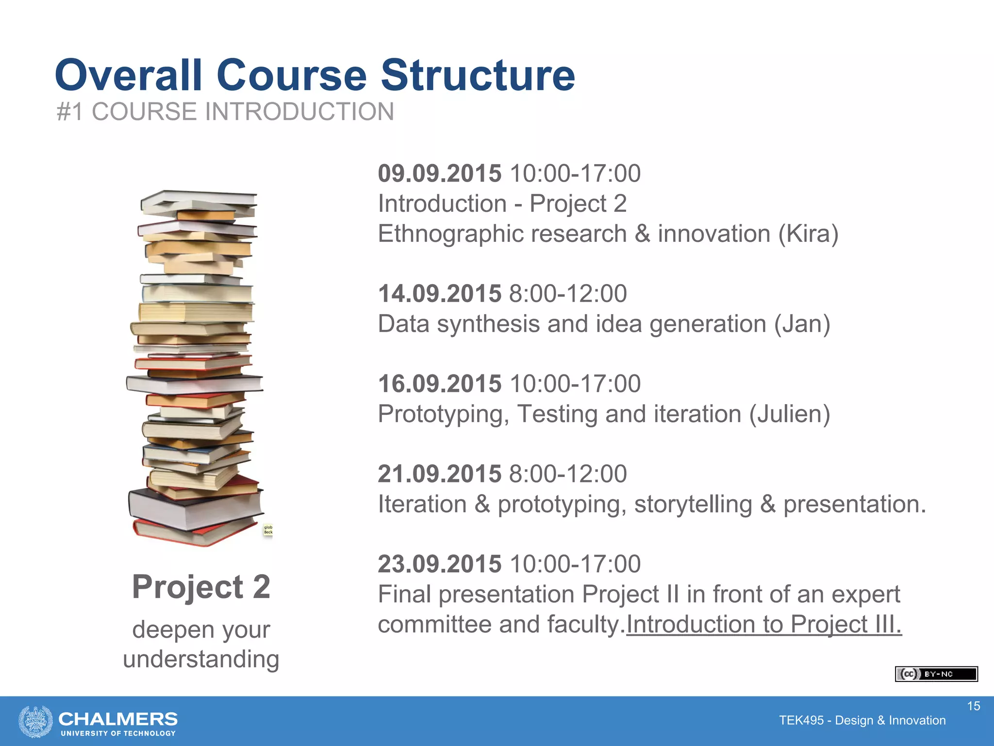 TEK495 - Design & Innovation
09.09.2015 10:00-17:00
Introduction - Project 2
Ethnographic research & innovation (Kira)
14.09.2015 8:00-12:00
Data synthesis and idea generation (Jan)
16.09.2015 10:00-17:00
Prototyping, Testing and iteration (Julien)
21.09.2015 8:00-12:00
Iteration & prototyping, storytelling & presentation.
23.09.2015 10:00-17:00
Final presentation Project II in front of an expert
committee and faculty.Introduction to Project III.
15
Project 2
deepen your
understanding
Overall Course Structure
#1 COURSE INTRODUCTION
 