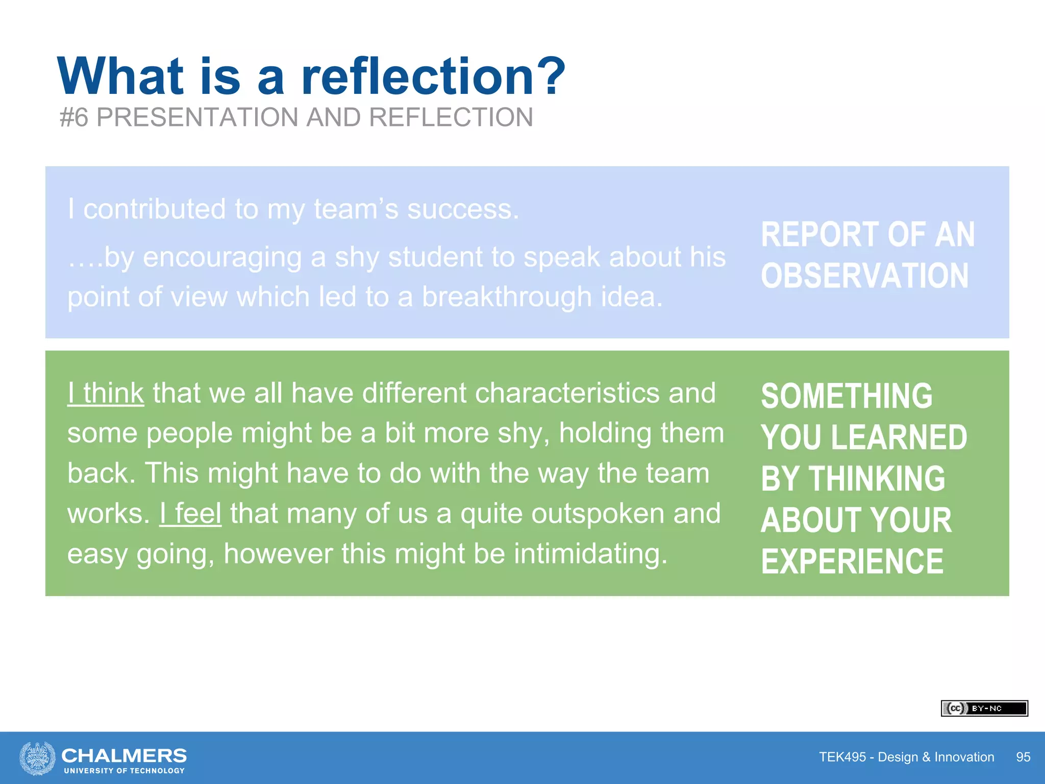 TEK495 - Design & Innovation 95
What is a reflection?
#6 PRESENTATION AND REFLECTION
REPORT OF AN
OBSERVATION
I contributed to my team’s success.
….by encouraging a shy student to speak about his
point of view which led to a breakthrough idea.
I think that we all have different characteristics and
some people might be a bit more shy, holding them
back. This might have to do with the way the team
works. I feel that many of us a quite outspoken and
easy going, however this might be intimidating.
SOMETHING
YOU LEARNED
BY THINKING
ABOUT YOUR
EXPERIENCE
 