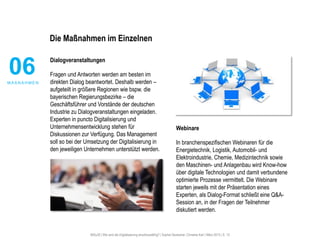 #30u30 | Wie wird die Digitalisierung anschlussfähig? | Sophie Deutscher, Christine Karl | März 2015 | S. 13
Die Maßnahmen im Einzelnen
Dialogveranstaltungen
Fragen und Antworten werden am besten im
direkten Dialog beantwortet. Deshalb werden –
aufgeteilt in größere Regionen wie bspw. die
bayerischen Regierungsbezirke – die
Geschäftsführer und Vorstände der deutschen
Industrie zu Dialogveranstaltungen eingeladen.
Experten in puncto Digitalisierung und
Unternehmensentwicklung stehen für
Diskussionen zur Verfügung. Das Management
soll so bei der Umsetzung der Digitalisierung in
den jeweiligen Unternehmen unterstützt werden.
Webinare
In branchenspezifischen Webinaren für die
Energietechnik, Logistik, Automobil- und
Elektroindustrie, Chemie, Medizintechnik sowie
den Maschinen- und Anlagenbau wird Know-how
über digitale Technologien und damit verbundene
optimierte Prozesse vermittelt. Die Webinare
starten jeweils mit der Präsentation eines
Experten, als Dialog-Format schließt eine Q&A-
Session an, in der Fragen der Teilnehmer
diskutiert werden.
06M A ß N A H M E N
 