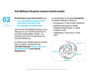 #30u30 | Wie wird die Digitalisierung anschlussfähig? | Sophie Deutscher, Christine Karl | März 2015 | S. 5
Acht Millionen Deutsche müssen erreicht werden
Die Adressaten unserer Kommunikation sind
• die in den Mitgliedsverbänden des BDI
organisierten Unternehmen bzw.
• deren Management und Mitarbeiter.
Aktuell hat der BDI 36 Mitgliedsverbände, die die
Interessen von rund 100.000 Unternehmen mit
acht Millionen Beschäftigten vertreten – wir
adressieren damit also rund zehn Prozent der
deutschen Bevölkerung.
Um diesen großen Bevölkerungsanteil auf breiter
Basis zu erreichen, adressieren wir als
sekundäre Zielgruppe deutsche Tages- und
Wirtschaftsmedien in ihrer Rolle als
Multiplikatoren.
Zu berücksichtigen ist die große Inhomogenität
der primären Zielgruppe in Bezug auf
• Demographie (z. B. Alter, sozialer Hintergrund)
• Digitalisierungsinteresse und Digitale
Kompetenz („Digital Natives“ vs. „Digital
Immigrants“) sowie
• Tätigkeitsfeld (z. B. Blue collar vs. White
collar).
Informieren
Konvertieren
Interessieren
Aktivieren
Informieren
02Z I E L /
Z I E L G R U P P E
 