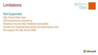 Limitations

SQL Variant Data Type
No transactional consistency
Database must be SQL Database compatible
Secrets not migrated (passwords, encrypted procs, etc.)
No support for SQL Server 2000
 