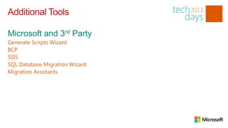 Additional Tools


Generate Scripts Wizard
BCP
SSIS
SQL Database Migration Wizard
Migration Assistants
 