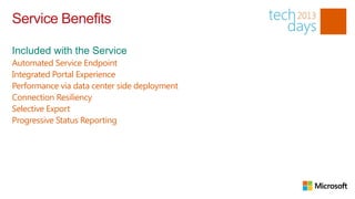 Service Benefits

Automated Service Endpoint
Integrated Portal Experience
Performance via data center side deployment
Connection Resiliency
Selective Export
Progressive Status Reporting
 