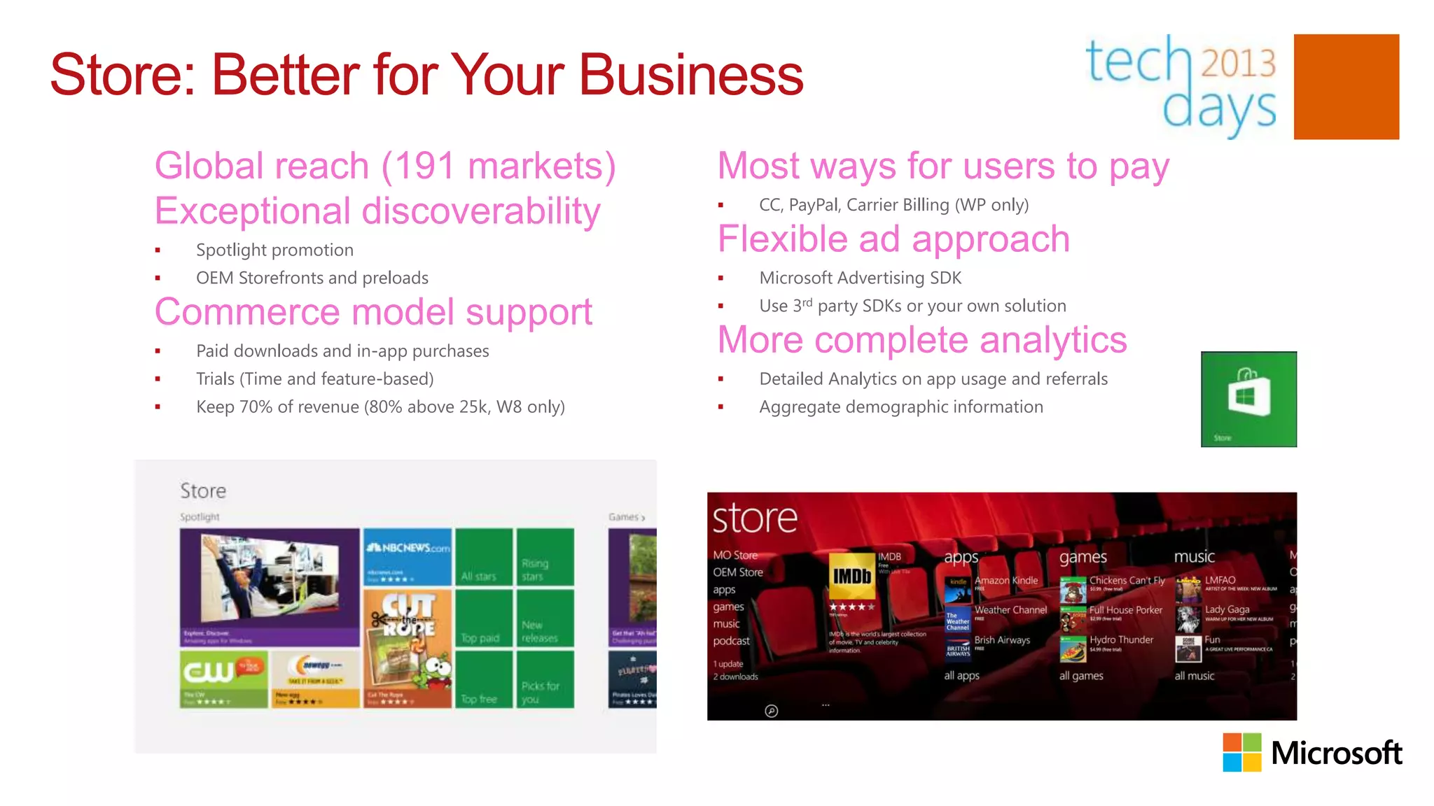 Store: Better for Your Business
                                                          CC, PayPal, Carrier Billing (WP only)

       Spotlight promotion
       OEM Storefronts and preloads                      Microsoft Advertising SDK
                                                          Use 3rd party SDKs or your own solution

       Paid downloads and in-app purchases
       Trials (Time and feature-based)                   Detailed Analytics on app usage and referrals
       Keep 70% of revenue (80% above 25k, W8 only)      Aggregate demographic information
 
