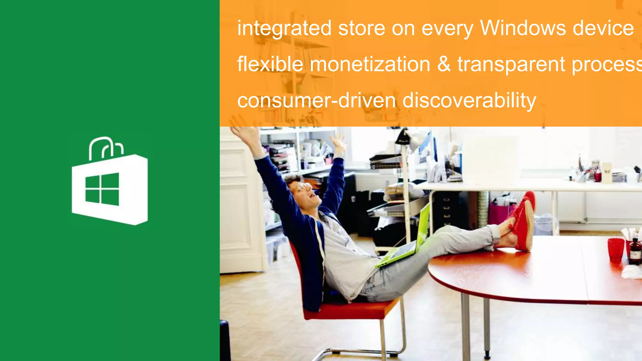 integrated store on every Windows device
flexible monetization & transparent process
consumer-driven discoverability
 