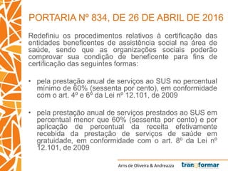 Arns de Oliveira & Andreazza
PORTARIA Nº 834, DE 26 DE ABRIL DE 2016
Redefiniu os procedimentos relativos à certificação das
entidades beneficentes de assistência social na área de
saúde, sendo que as organizações sociais poderão
comprovar sua condição de beneficente para fins de
certificação das seguintes formas:
• pela prestação anual de serviços ao SUS no percentual
mínimo de 60% (sessenta por cento), em conformidade
com o art. 4º e 6º da Lei nº 12.101, de 2009
• pela prestação anual de serviços prestados ao SUS em
percentual menor que 60% (sessenta por cento) e por
aplicação de percentual da receita efetivamente
recebida da prestação de serviços de saúde em
gratuidade, em conformidade com o art. 8º da Lei nº
12.101, de 2009
 