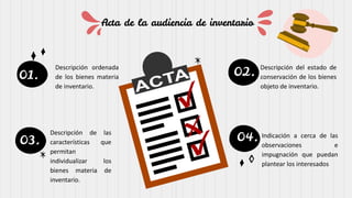 Acta de la audiencia de inventario
Descripción del estado de
conservación de los bienes
objeto de inventario.
Descripción ordenada
de los bienes materia
de inventario.
Descripción de las
características que
permitan
individualizar los
bienes materia de
inventario.
Indicación a cerca de las
observaciones e
impugnación que puedan
plantear los interesados
01. 02.
03. 04.
 