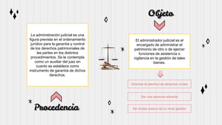 Procedencia
Objeto
La administración judicial es una
figura prevista en el ordenamiento
jurídico para la garantía y control
de los derechos patrimoniales de
las partes en los distintos
procedimientos. Se le contempla
como un auxiliar del juez en
cuanto se establece como
instrumento de garantía de dichos
derechos.
El administrador judicial es el
encargado de administrar el
patrimonio de otro o de ejercer
funciones de asistencia o
vigilancia en la gestión de tales
bienes.
Ostentar la plenitud de derechos civiles
Ser una persona solvente
Sin dudas acerca de su recta gestión
 