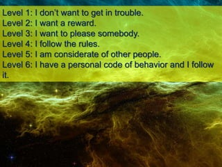 Level 1: I don’t want to get in trouble.
Level 2: I want a reward.
Level 3: I want to please somebody.
Level 4: I follow the rules.
Level 5: I am considerate of other people.
Level 6: I have a personal code of behavior and I follow
it.
 
