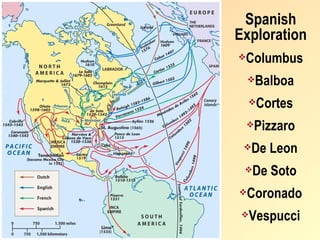 Spanish
Exploration
   Columbus
       Balboa
       Cortes
    Pizzaro
    De Leon
    De Soto
   Coronado
   Vespucci
 