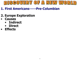 1. First Americans-----Pre-Columbian

2. Europe Exploration
• Causes
   • Indirect
   • Direct
• Effects




                        notes
 