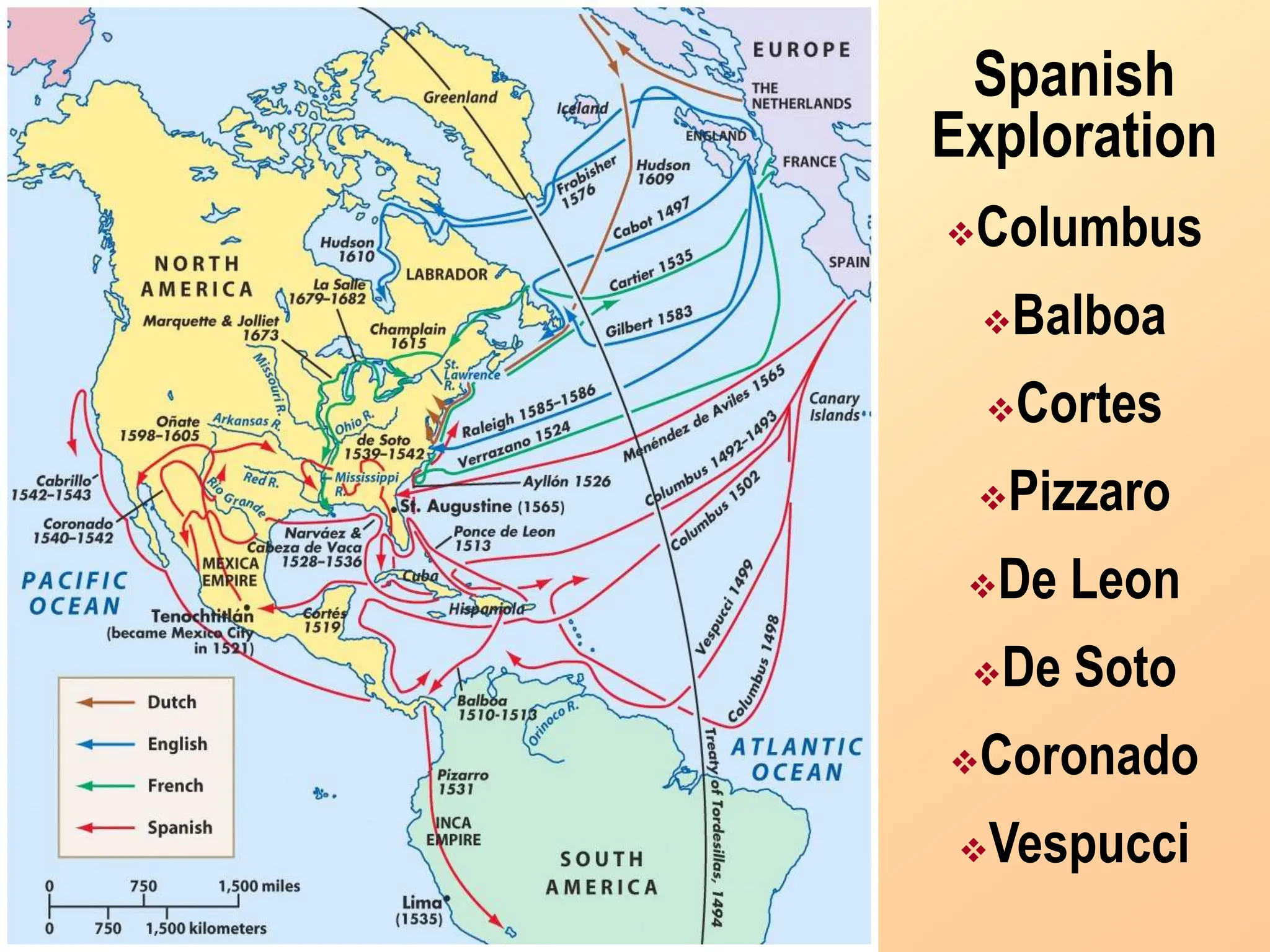Spanish
Exploration
Columbus
Balboa
Cortes
Pizzaro
De Leon
De Soto
Coronado
Vespucci
 
