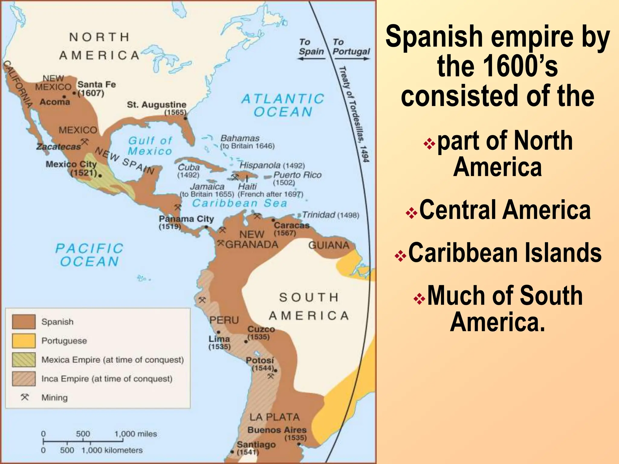 Spanish empire by
the 1600’s
consisted of the
part of North
America
Central America
Caribbean Islands
Much of South
America.
 
