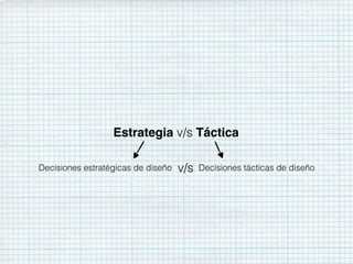 Estrategia v/s Táctica
Decisiones estratégicas de diseño Decisiones tácticas de diseñov/s
 