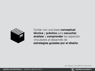 Contar con una base conceptual,
técnica y práctica para escuchar,
analizar y comprender los aspectos
vinculados al desarrollo de
estrategias guiadas por el diseño.
Stack of Books by Cengiz SARI from The Noun Project
DISEÑO ESTRATÉGICO _DISEÑO UMAYOR 2015 RODRIGOGAJARDOV.
 