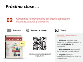 Próxima clase ...
Lectura
Conceptos fundamentales del diseño estratégico,
escuelas, autores y proyectos.02
1 deﬁnición de diseño que
incorpore el valor estratégico de
este y 1 deﬁnición de
estrategia.
1 tema relevante del artículo y
explicarlo en un mapa mental.
1 proyecto de Diseño
Estratégico y explicarlo en sus 3
dimensiones.
Tarea
http://www.disenoestrategico.cl/?
page_id=131
Acceso al curso
20 pgs
@
En grupos de 3 personas realizar una
presentación con:
 