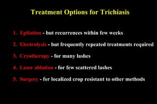 Treatment Options for Trichiasis

1. Epilation - but recurrences within few weeks

2. Electrolysis - but frequently repeated treatments required

3. Cryotherapy - for many lashes

4. Laser ablation - for few scattered lashes

5. Surgery - for localized crop resistant to other methods
 