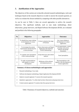 3.        Justifications of the Approaches

The objectives of this section are to describe selected research methodologies, tools and
techniques based on the research objectives in order to answer the research question, as
well as to evaluate the chosen methods by comparing with other possible alternatives.

As can be seen in Table 3, there are several approaches to archive the research
objectives. The significant methods, such as case study methodology, direct
observation, group interviews, and Rapid Software Development (RAD), are evaluated
and justified in the following paragraphs.


 No                 Objectives                      Approaches                        Outcomes

            To identify key issues relating                                      Key issues relating to
                                              Critical evaluation the range
     1       to development of e-menu                                           development of e-menu
                                                       of literature
                      application                                                     application

                                                                              List of requirements, e-menu
              To investigate the system       Direct observation and Rapid
                                                                                  prototype and system
     2      requirements and develop the       Application Development
                                                                                   analysis and design
                  e-menu prototype                (RAD) Methodology
                                                                                        documents

            To evaluate users' perceptions    Group interviews and content
     3                                                                             Users' perceptions
              of the e-menu prototype                   analysis


             To make recommendations                                             Recommendations with
                                               Reflection of the software
     4        with regards to e-menu                                          regards to the development of
                                                 development process
                   development                                                     e-menu application

         Summary of chosen methodologies and approaches

     1     Research methodology: Case study

     2     Software development methodology: Rapid Application Development (RAD)

     3     Inductive research approach: To answer the research question

     4     Qualitative approaches: To collect data by direct observation and group interviews

     5     Content analysis approach: To analyse data from group interviews




                 Table 3-Summary of research objectives, methods and outcomes




                                                     11
 