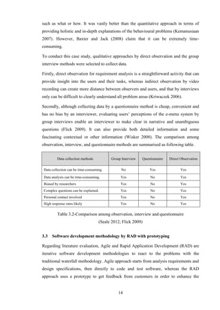 such as what or how. It was vastly better than the quantitative approach in terms of
providing holistic and in-depth explanations of the behavioural problems (Kemanusiaan
2007). However, Baxter and Jack (2008) claim that it can be extremely time-
consuming.

To conduct this case study, qualitative approaches by direct observation and the group
interview methods were selected to collect data.

Firstly, direct observation for requirement analysis is a straightforward activity that can
provide insight into the users and their tasks, whereas indirect observation by video
recording can create more distance between observers and users, and that by interviews
only can be difficult to clearly understand all problem areas (Kriwaczek 2006).

Secondly, although collecting data by a questionnaire method is cheap, convenient and
has no bias by an interviewer, evaluating users’ perceptions of the e-menu system by
group interviews enable an interviewer to make clear in narrative and unambiguous
questions (Flick 2009). It can also provide both detailed information and some
fascinating contextual or other information (Wisker 2008). The comparison among
observation, interview, and questionnaire methods are summarised as following table.


          Data collection methods         Group Interview   Questionnaire   Direct Observation

 Data collection can be time-consuming.         No              Yes                Yes

 Data analysis can be time-consuming.           Yes              No                Yes
 Biased by researchers                          Yes              No                Yes
 Complex questions can be explained.            Yes              No                Yes
 Personal contact involved                      Yes              No                Yes
 High response rates likely                     Yes              No                Yes

          Table 3.2-Comparison among observation, interview and questionnaire
                                    (Seale 2012; Flick 2009)


3.3   Software development methodology by RAD with prototyping

Regarding literature evaluation, Agile and Rapid Application Development (RAD) are
iterative software development methodologies to react to the problems with the
traditional waterfall methodology. Agile approach starts from analysis requirements and
design specifications, then directly to code and test software, whereas the RAD
approach uses a prototype to get feedback from customers in order to enhance the


                                              14
 