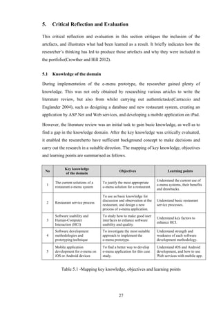 5.       Critical Reflection and Evaluation

This critical reflection and evaluation in this section critiques the inclusion of the
artefacts, and illustrates what had been learned as a result. It briefly indicates how the
researcher’s thinking has led to produce those artefacts and why they were included in
the portfolio(Crowther and Hill 2012).


5.1      Knowledge of the domain

During implementation of the e-menu prototype, the researcher gained plenty of
knowledge. This was not only obtained by researching various articles to write the
literature review, but also from whilst carrying out authentictasks(Carraccio and
Englander 2004), such as designing a database and new restaurant system, creating an
application by ASP.Net and Web services, and developing a mobile application on iPad.

However, the literature review was an initial task to gain basic knowledge, as well as to
find a gap in the knowledge domain. After the key knowledge was critically evaluated,
it enabled the researcherto have sufficient background concept to make decisions and
carry out the research in a suitable direction. The mapping of key knowledge, objectives
and learning points are summarised as follows.

                Key knowledge
 No                                               Objectives                      Learning points
                of the domain
                                                                           Understand the current use of
          The current solutions of a   To justify the most appropriate
     1                                                                     e-menu systems, their benefits
          restaurant e-menu system     e-menu solution for a restaurant.
                                                                           and drawbacks.
                                       To use as basic knowledge for
                                       discussion and observation at the   Understand basic restaurant
     2    Restaurant service process
                                       restaurant, and design a new        service processes.
                                       process of e-menu application.
          Software usability and       To study how to make good user
                                                                           Understand key factors to
     3    Human-Computer               interfaces to enhance software
                                                                           enhance HCI.
          Interaction (HCI)            usability and quality.
          Software development         To investigate the most suitable    Understand strength and
     4    methodologies and            approach to implement the           weakness of each software
          prototyping technique        e-menu prototype.                   development methodology.
          Mobile application           To find a better way to develop     Understand iOS and Android
     5    development for e-menu on    e-menu application for this case    development, and how to use
          iOS or Android devices       study.                              Web services with mobile app.


              Table 5.1 -Mapping key knowledge, objectives and learning points




                                                  27
 