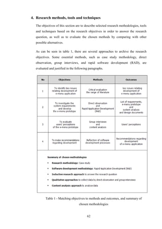 4. Research methods, tools and techniques

  The objectives of this section are to describe selected research methodologies, tools
  and techniques based on the research objectives in order to answer the research
  question, as well as to evaluate the chosen methods by comparing with other
  possible alternatives.

  As can be seen in table 1, there are several approaches to archive the research
  objectives. Some essential methods, such as case study methodology, direct
  observation, group interviews, and rapid software development (RAD), are
  evaluated and justified in the following paragraphs.




         Table 1 - Matching objectives to methods and outcomes, and summary of
                                   chosen methodologies


                                         62
 