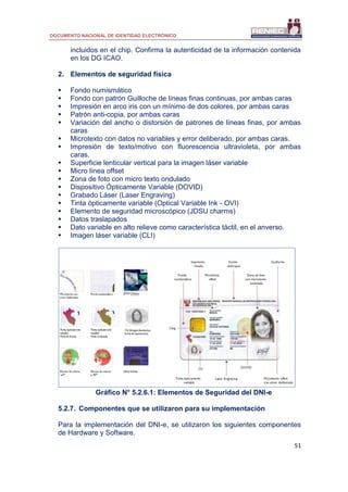 DOCUMENTO NACIONAL DE IDENTIDAD ELECTRÓNICO
51
incluidos en el chip. Confirma la autenticidad de la información contenida
en los DG ICAO.
2. Elementos de seguridad física
 Fondo numismático
 Fondo con patrón Guilloche de líneas finas continuas, por ambas caras
 Impresión en arco iris con un mínimo de dos colores, por ambas caras
 Patrón anti-copia, por ambas caras
 Variación del ancho o distorsión de patrones de líneas finas, por ambas
caras
 Microtexto con datos no variables y error deliberado, por ambas caras.
 Impresión de texto/motivo con fluorescencia ultravioleta, por ambas
caras.
 Superficie lenticular vertical para la imagen láser variable
 Micro línea offset
 Zona de foto con micro texto ondulado
 Dispositivo Ópticamente Variable (DOVID)
 Grabado Láser (Laser Engraving)
 Tinta ópticamente variable (Optical Variable Ink - OVI)
 Elemento de seguridad microscópico (JDSU charms)
 Datos traslapados
 Dato variable en alto relieve como característica táctil, en el anverso.
 Imagen láser variable (CLI)
Gráfico N° 5.2.6.1: Elementos de Seguridad del DNI-e
5.2.7. Componentes que se utilizaron para su implementación
Para la implementación del DNI-e, se utilizaron los siguientes componentes
de Hardware y Software.
 