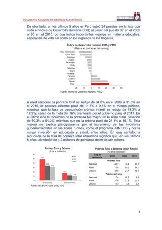 DOCUMENTO NACIONAL DE IDENTIDAD ELECTRÓNICO
8
De otro lado, en los últimos 5 años el Perú subió 24 puestos en la lista que
mide el Índice de Desarrollo Humano (IDH) al pasar del puesto 87 en el 2005
al 63 en el 2010. Lo que indica importantes mejoras en materia educativa,
esperanza de vida así como en los ingresos de los hogares.
A nivel nacional, la pobreza total se redujo de 34,8% en el 2009 a 31,3% en
el 2010, la pobreza extrema pasó de 11,5% a 9,8% en el mismo período,
mientras que la tasa de desnutrición crónica infantil se redujo de 18,3% a
17,9%, cerca de la meta del 16% planteada por el gobierno para el 2011. En
el último año la reducción de la pobreza fue mayor en la zona rural, pasando
de 60,3% a 54,2%, mientras que en la urbana pasó de 21,1% a 19,1%. Esta
mejora se explica principalmente por el incremento de las iniciativas
gubernamentales en las zonas rurales, como el programa JUNTOS y por la
mayor inversión en educación y salud, entre otros. En ese sentido, la
reducción de la tasa de pobreza total observada significó que, en los últimos
6 años, alrededor de 4,2 millones de personas dejen de ser pobres.
 
