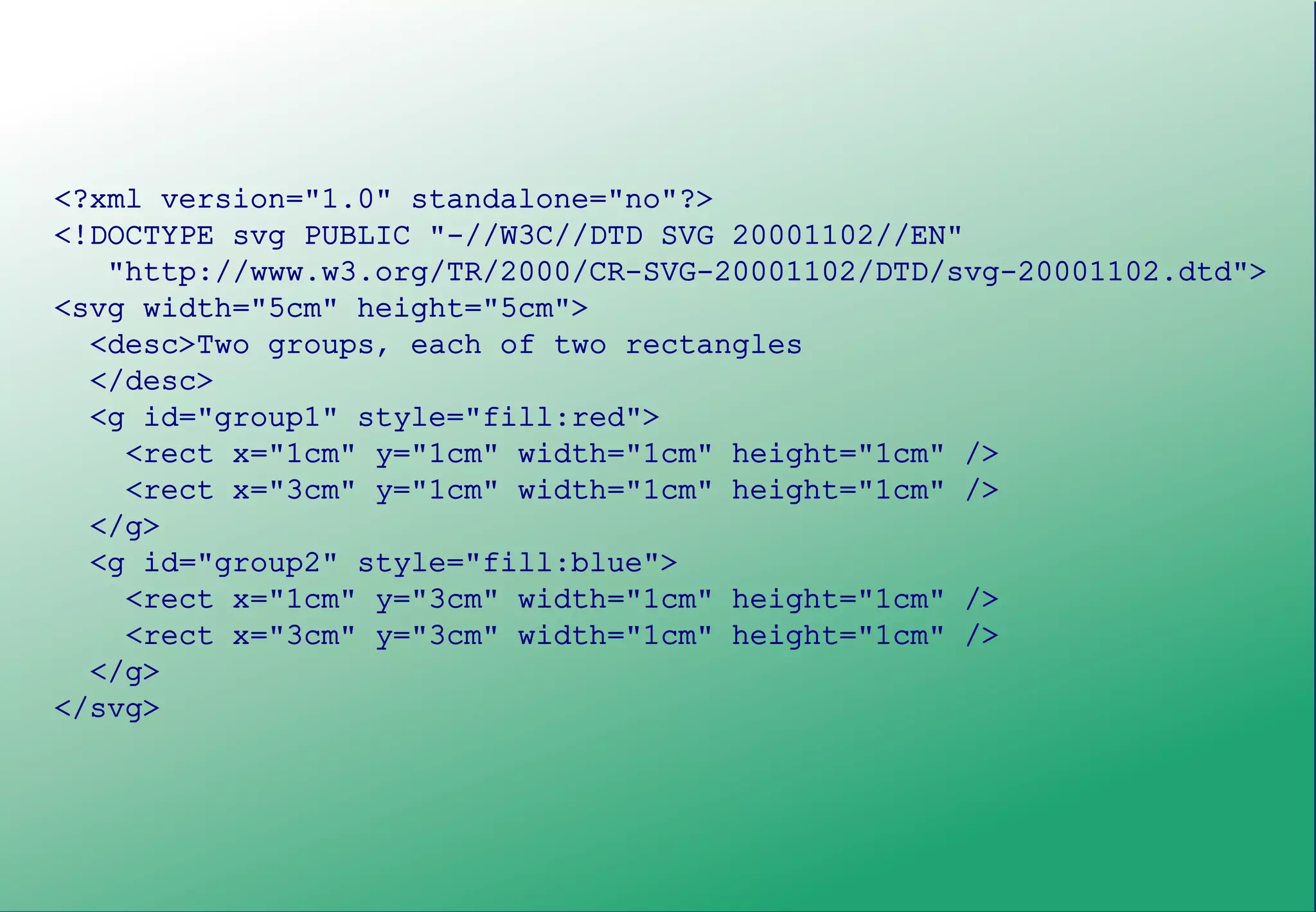 </embed>


  Групировки

  <?xml version="1.0" standalone="no"?>
  <!DOCTYPE svg PUBLIC "-//W3C//DTD SVG 20001102//EN"
     "http://www.w3.org/TR/2000/CR-SVG-20001102/DTD/svg-20001102.dtd">
  <svg width="5cm" height="5cm">
    <desc>Two groups, each of two rectangles
    </desc>
    <g id="group1" style="fill:red">
      <rect x="1cm" y="1cm" width="1cm" height="1cm" />
      <rect x="3cm" y="1cm" width="1cm" height="1cm" />
    </g>
    <g id="group2" style="fill:blue">
      <rect x="1cm" y="3cm" width="1cm" height="1cm" />
      <rect x="3cm" y="3cm" width="1cm" height="1cm" />
    </g>
  </svg>
 