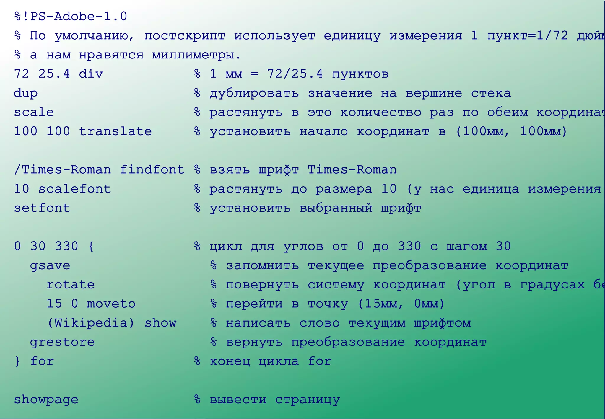 %!PS-Adobe-1.0
% По умолчанию, постскрипт использует единицу измерения 1 пункт=1/72 дюйм
% а нам нравятся миллиметры.
72 25.4 div           % 1 мм = 72/25.4 пунктов
dup                   % дублировать значение на вершине стека
scale                 % растянуть в это количество раз по обеим координат
100 100 translate     % установить начало координат в (100мм, 100мм)

/Times-Roman findfont % взять шрифт Times-Roman
10 scalefont          % растянуть до размера 10 (у нас единица измерения
setfont               % установить выбранный шрифт

0 30 330 {             % цикл для углов от 0 до 330 с шагом 30
  gsave                  % запомнить текущее преобразование координат
    rotate               % повернуть систему координат (угол в градусах бе
    15 0 moveto          % перейти в точку (15мм, 0мм)
    (Wikipedia) show     % написать слово текущим шрифтом
  grestore               % вернуть преобразование координат
} for                  % конец цикла for

showpage               % вывести страницу
 