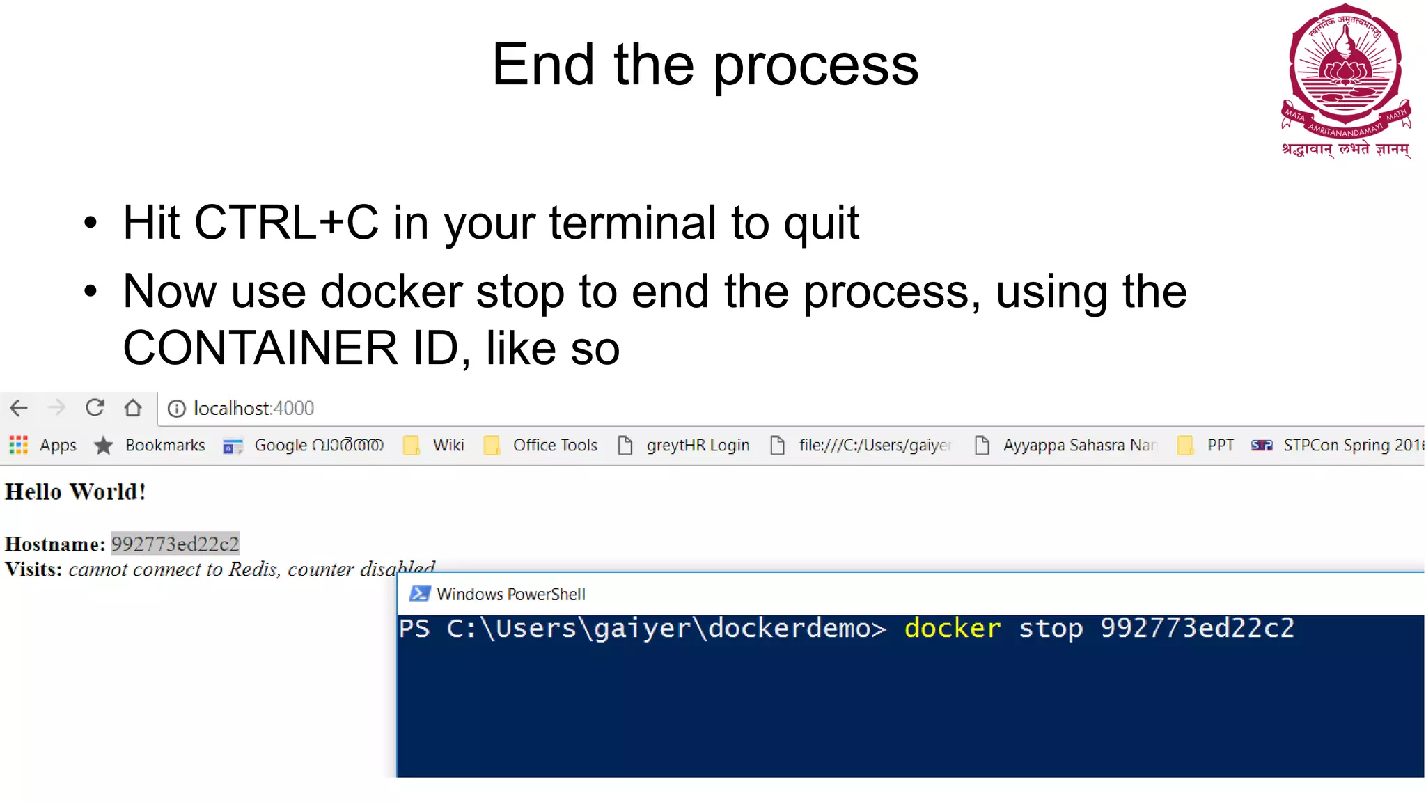 End the process
• Hit CTRL+C in your terminal to quit
• Now use docker stop to end the process, using the
CONTAINER ID, like so
 